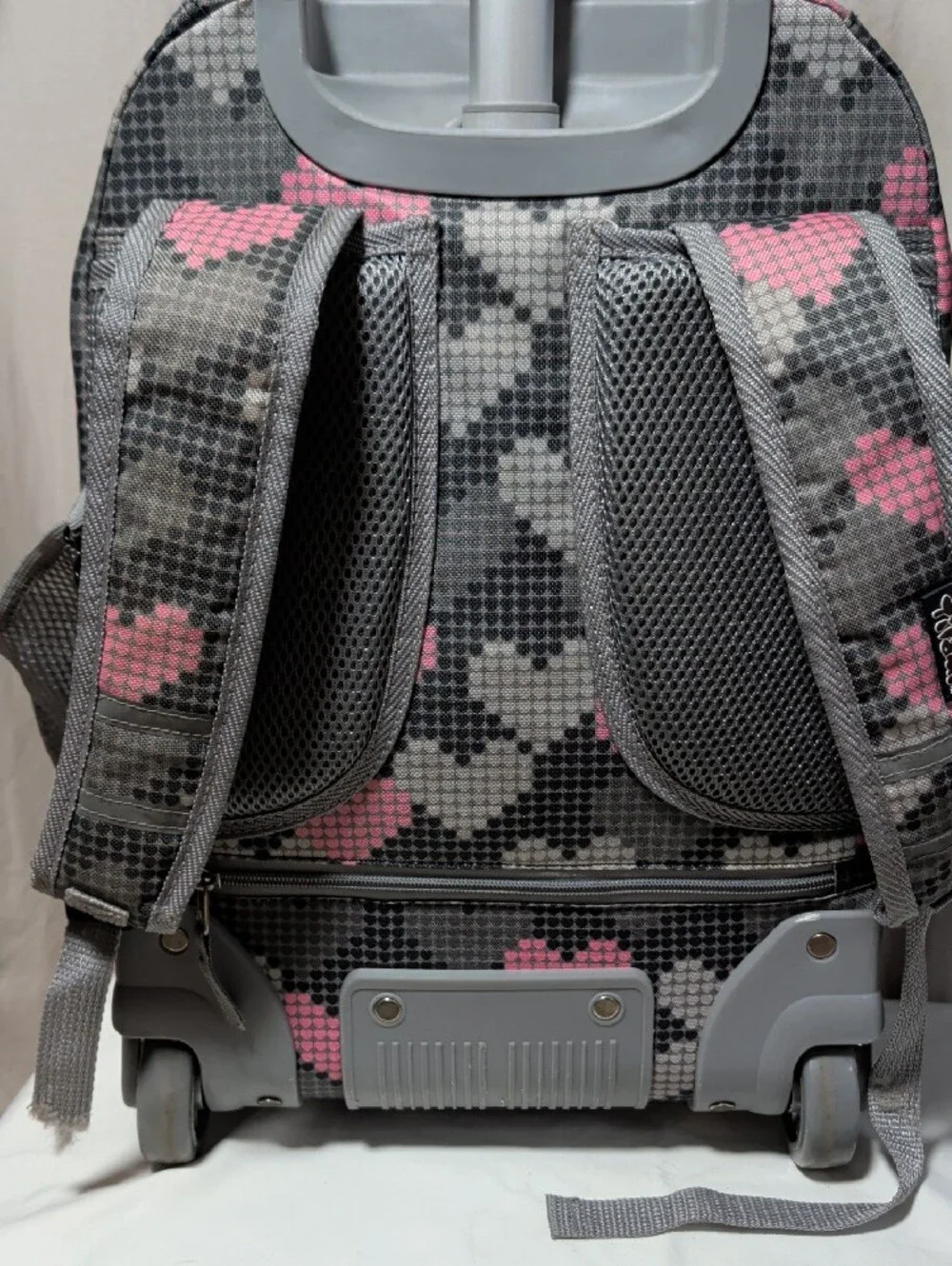 Tilami Girls Gray & Pink Heart Print Backpack With Wheels And Pull Handle